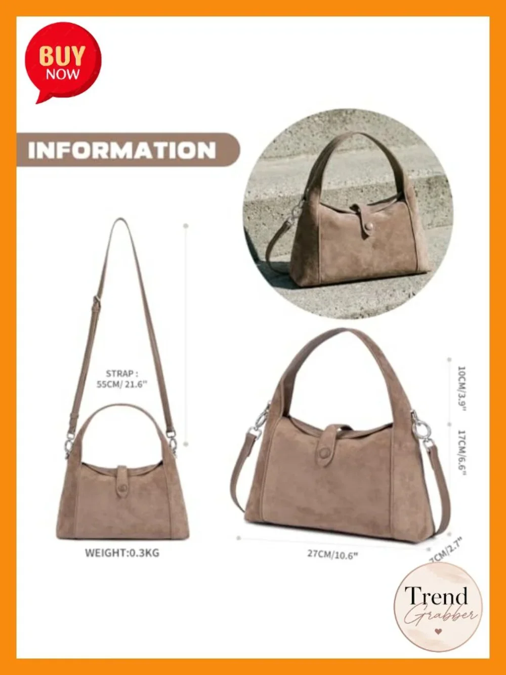 Vintage Half-Moon Suede Hobo Handbag with Detachable Crossbody Strap